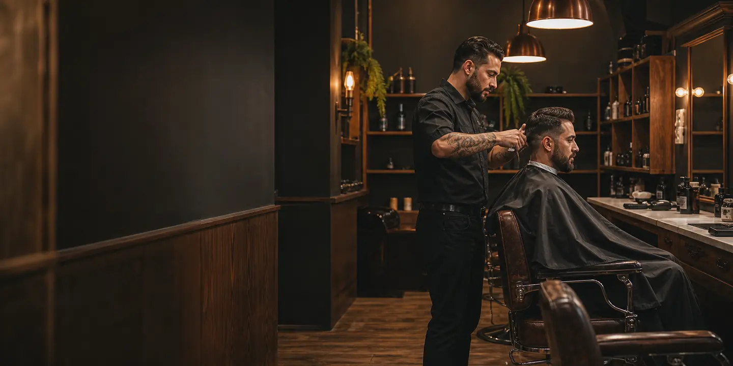 Barbeiro finalizando o corte de um cliente na Barbearia Aurora