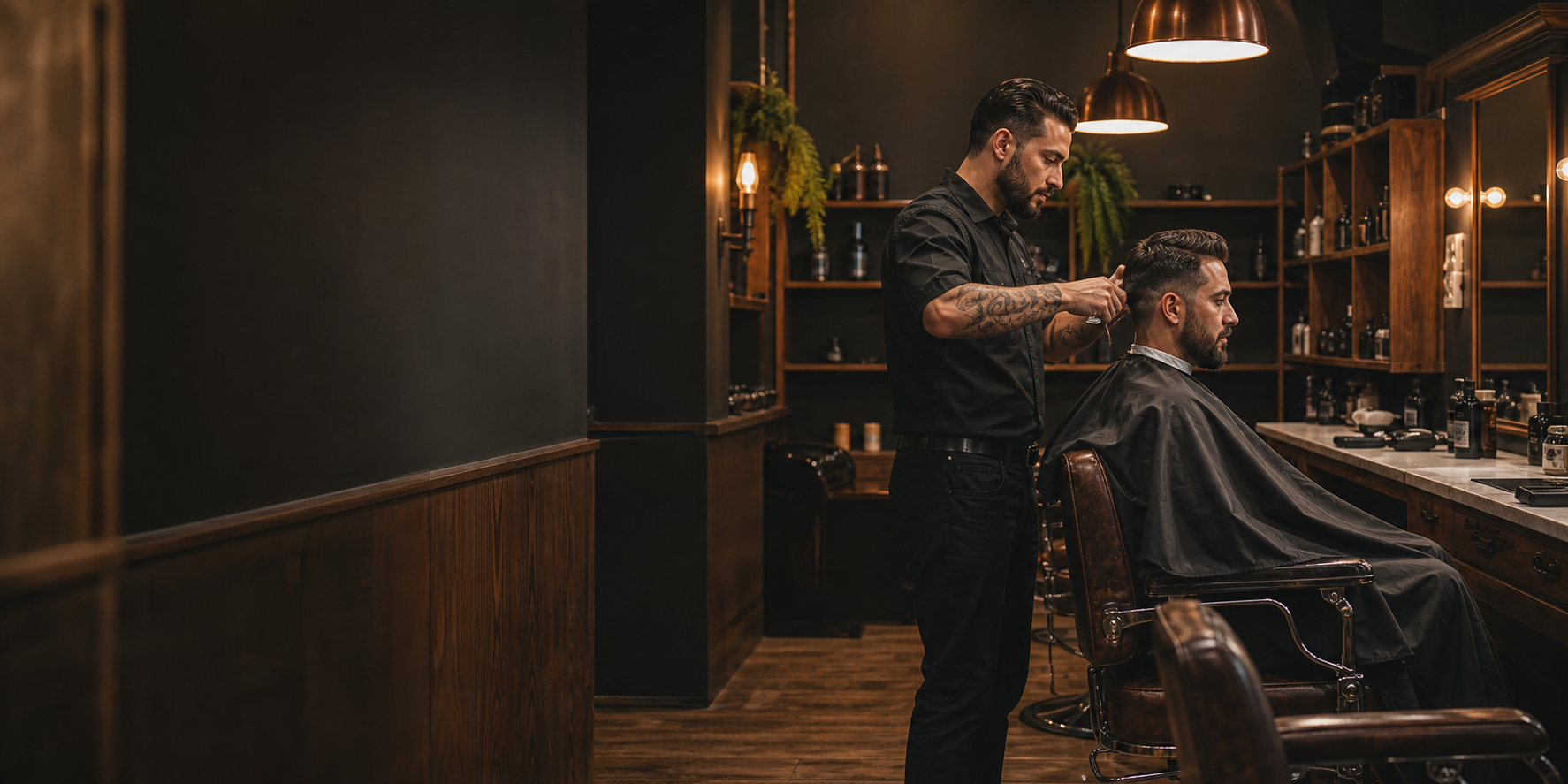 Barbeiro atendendo cliente em uma barbearia de atmosfera escura e acolhedora