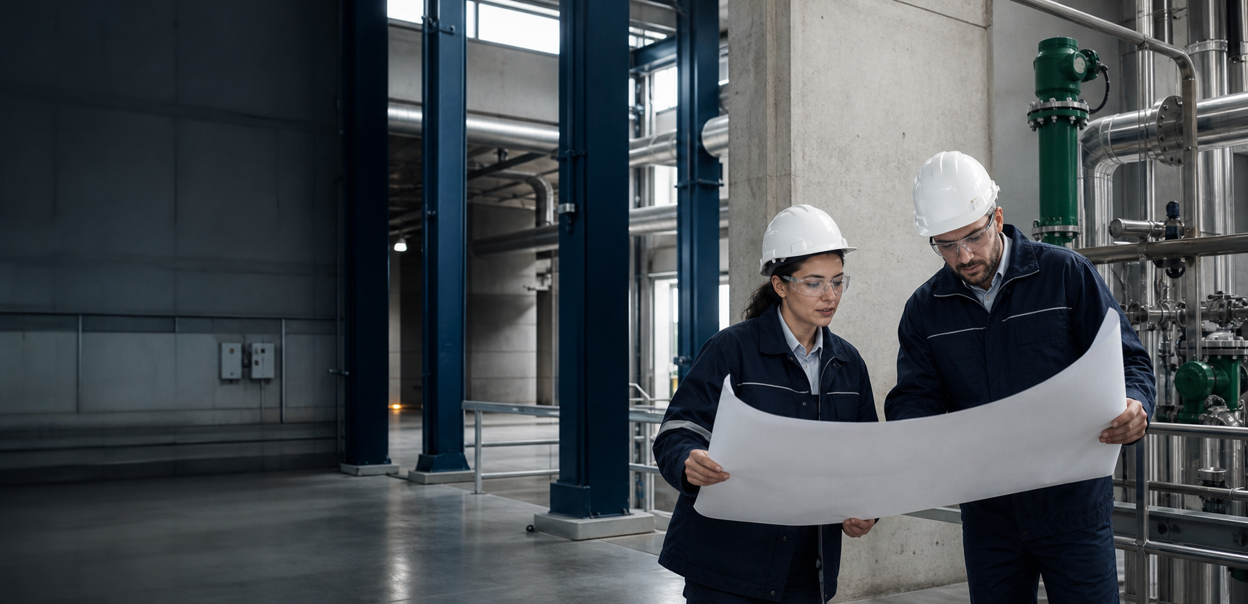 Profissionais de engenharia analisando um projeto em uma instalação industrial